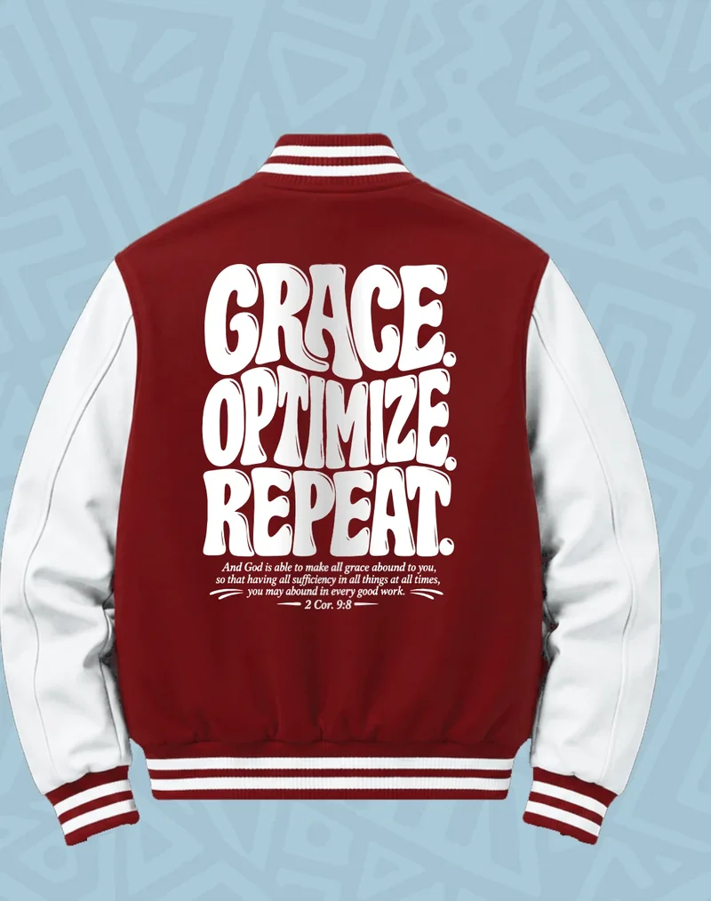 BCM Varsity Jacket — Grace Optimize Repeat — Burgundy/White — back